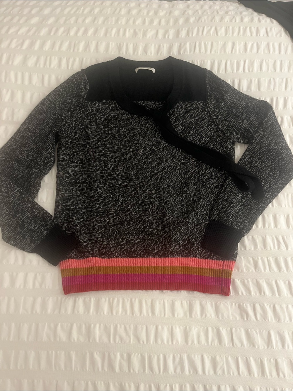 Sonia Rykiel Black Marled Crewneck Sweater with Pink, Orange & Yellow Stripe Hem